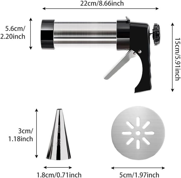 Kakekanonsett i rustfritt stål, 13 kakepressdisker og 8 glasurtupper, ergonomisk håndtak for baking av småkaker og kakepynting