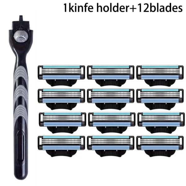 3-lags barberblad, manuell barbermaskin for menn i rustfritt stål, retro våt barbering, gjenbrukbar barberhøvel 1 Holder  12Blader 1 Holder  12Blades