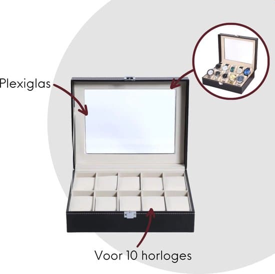 Klocklåda för 10 klockor, smyckeskrin i PU-läder med glaslock, sammetsfoder, svart, för män och kvinnor