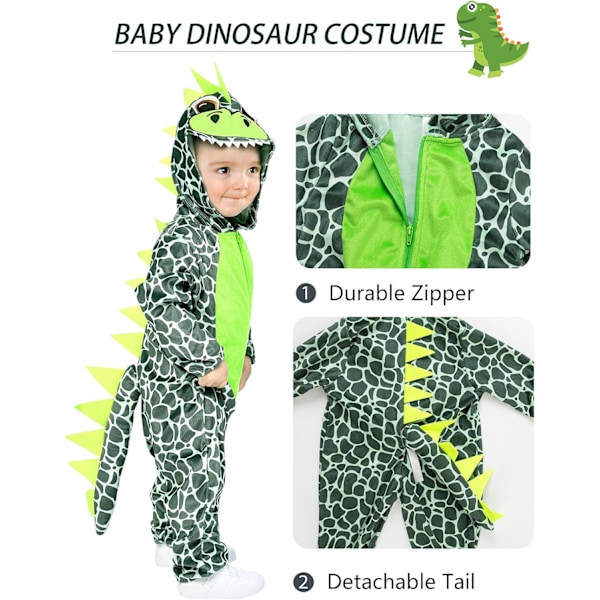 Baby Dinosaur Kostume, Drager Romper Jumpsuit med Hætte til Børn, Dyre Størrelse Pyjamas Green dinosaur 13-18 months