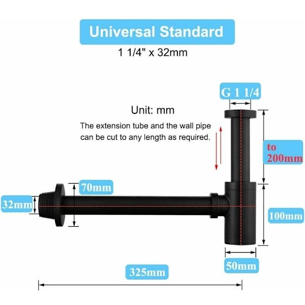 Vattenlås i mässing, universellt vattenlås med 200 mm förlängningsrör, 1 1/4 x 32 mm justerbar luktsäker läckagesäker sifon, matt svart