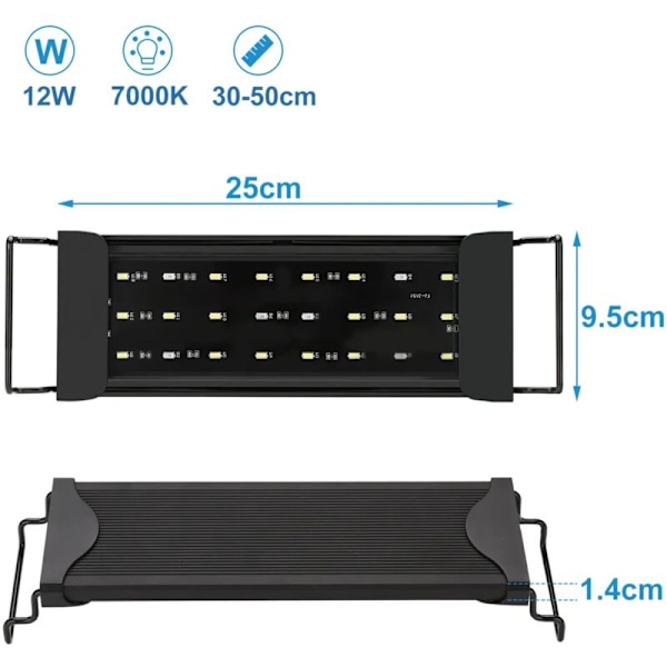 12W LED Akvarielys Universal Pasform Overfladelampe med Timer, 30-50cm