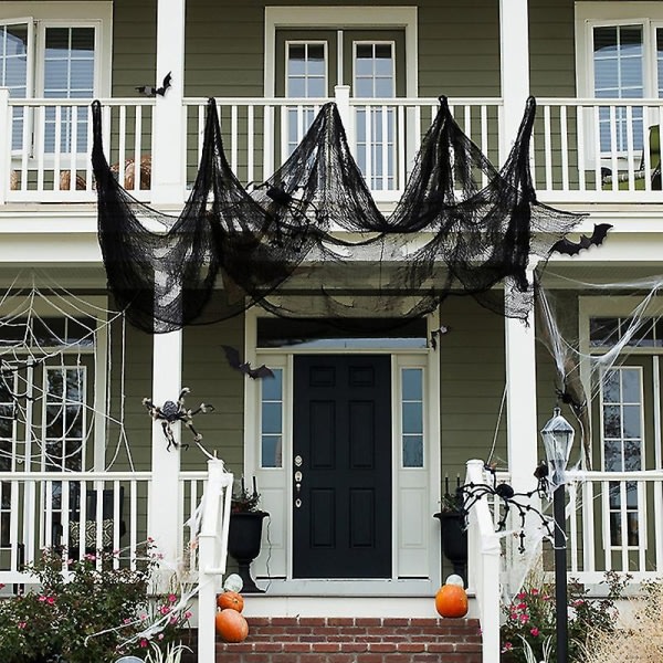 76x183 cm jättespindelnät svart och vitt garn gasbind dekoration hembar spökhus skrämmande fest skräckscen rekvisita grå