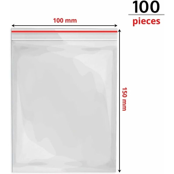 Genomskinlig plastpåse med dragkedja 100x150mm, 100-pack polyetenpåsar för organisering