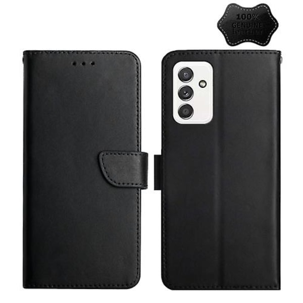 For Samsung Galaxy A82 ægta läder Fingeravtrykssäkert horisontalt Flip-phone cover Sort Black