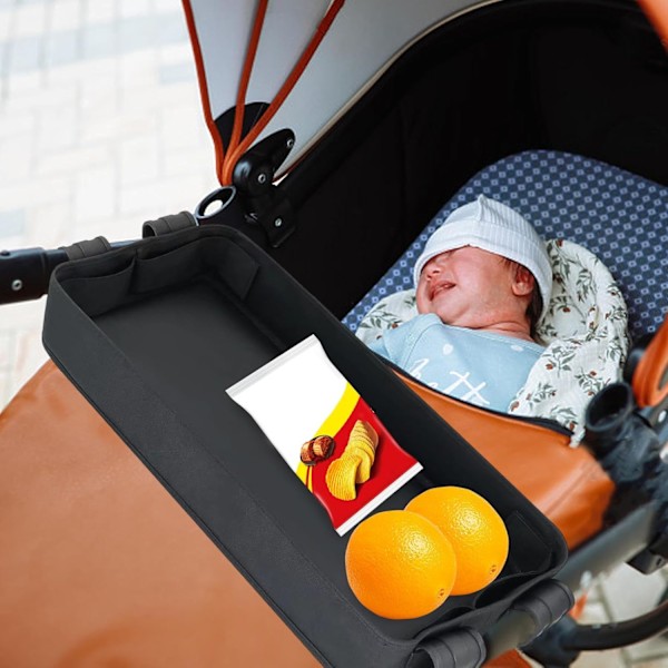 Stroller Snack Tray - Waterproof Faux Leather with Cup Holder | Adjustable Tray with Mesh Pockets for Stroller Accessories