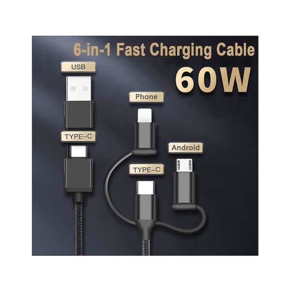 6-in-1 monikaapeli USB C/micro 60W pikalataus Androidille