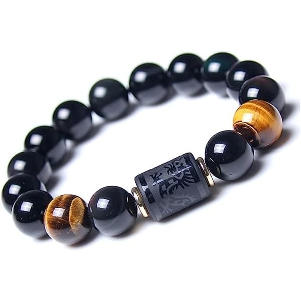 Obsidian Armbånd Steinperle Armbånd Tigerøye Armbånd Menn 12mm Dragen og Føniks Totem Armbånd