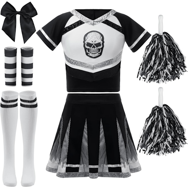 Cheerleader-kostyme for jenter, skummel cheerleader-kostyme, skummelt zombie-kostyme for Halloween-maskerader Black and white Small (5-7 yrs)