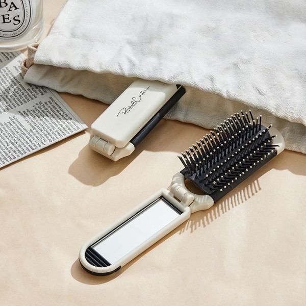 Bärbar Mini Pocket Hårkam med Spegel Vikbar Borste
