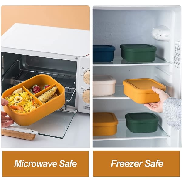 Silikon Bento Lunchbox för vuxna, läckagesäker silikonlunchbehållare med 3 fack, säker i mikrovågsugn, diskmaskin och frys (blå)2 Blå