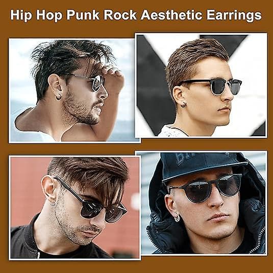 14mm Herre Titanium Stål Hoop Øreringe Sæt - Sort & Sølv, Punk Rock Stil