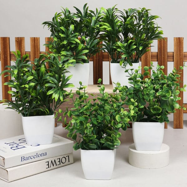 Eukalyptus-miniplante, kunstige planter, grønne kunstige pyntegjenstander til kontorbord, baderomsgrønt, rominnredning, null - Fy1001