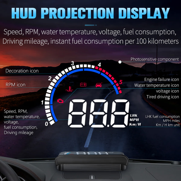 Universell bil HUD för Head Up Display Digital OBD Hastighetsmätare med Speed Up Test Broms Overspeed Alarm Display för fordon