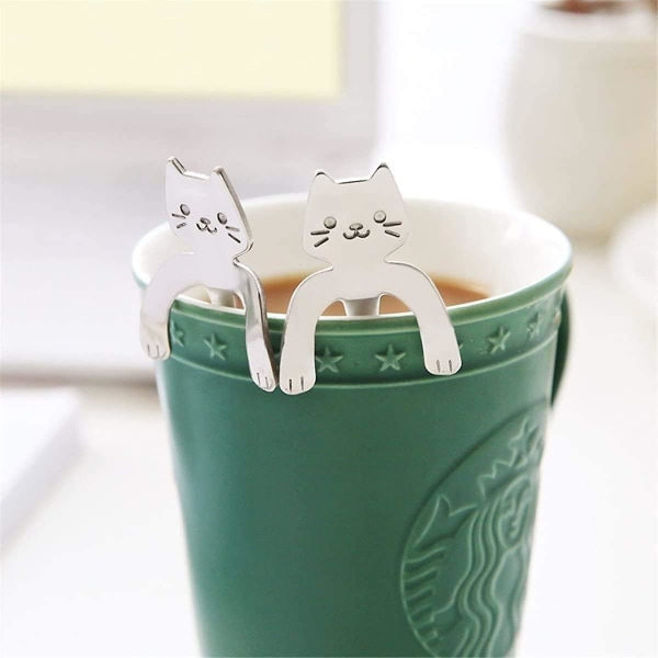 6 bitar av 304 rostfritt stål katt kaffesked, katt hängande design tesked Crday present