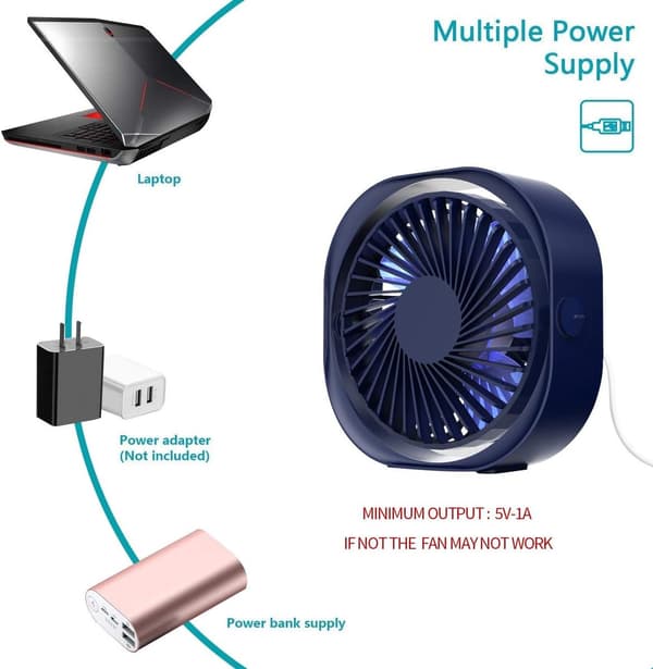 USB Mini-bordsfläkt Tyst 25dB 360° rotation 3 hastigheter Bärbar bordsfläkt för hem, kontor, sovrum och resor Blå