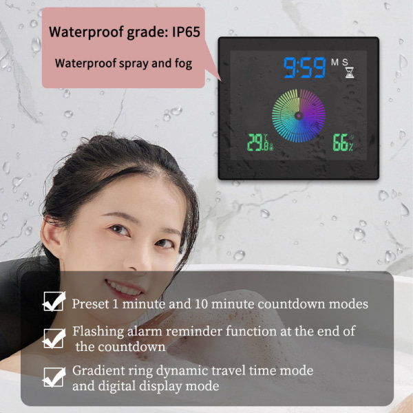 5-tommers veggdusjklokke Digital Timer Alarm Temperatur Luftfuktighet Svart One Size Black One Size
