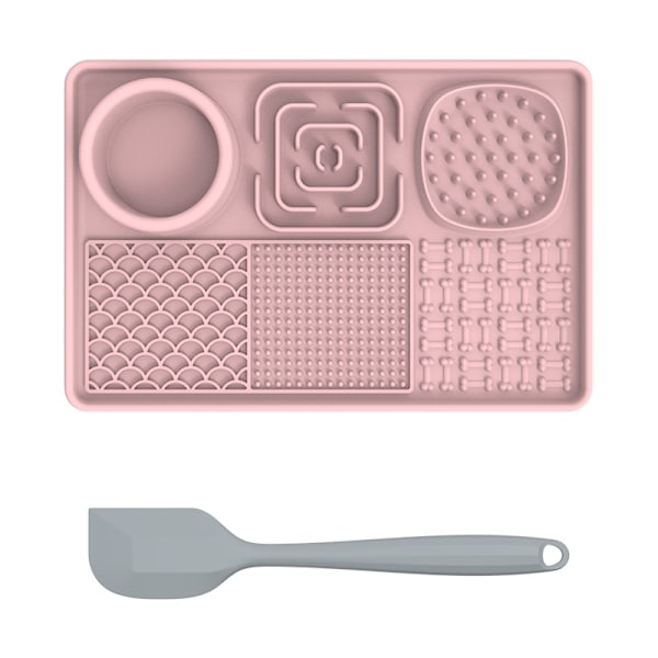 Slikkemåtte til kæledyr, madredskaber, pink + skraber (rektangulær)