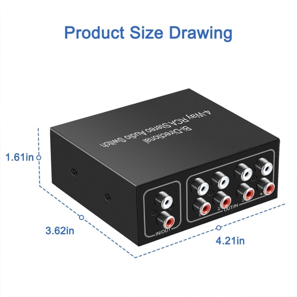 Professionell ljudomkopplare/delare RCA Stereo Switcher Selector Switch Box Förlustfri signalöverföring Svarta skal