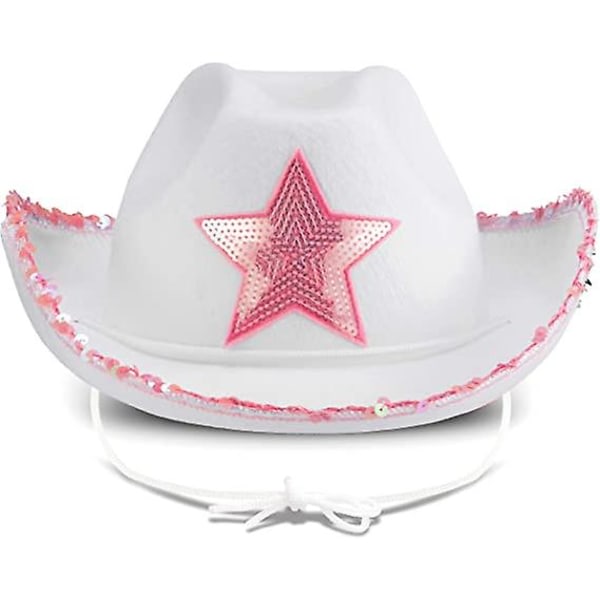 Vita cowgirlhattar - (1-pack) Rosa stjärna cowgirlhattar med paljettkantsfransar