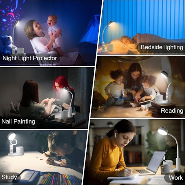 Børne Skrivebordslampe, Studielampe med Penneholder, Automatisk Farveskiftende Sengelampe, Dæmpbar Genopladelig LED Læselampe til Børn (Hvid)