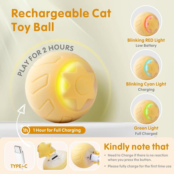 Interactive Cat Toy Ball, Automatic Rolling Cat Toys for Indoor Cat Kitten, with 2 Modes, LED Lights Replaceable, Rechargeable, Yellow