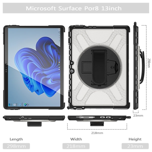 Unikt fodral för Surface Pro 8 med handrem, tangentbordsrem (inget tangentbord), justerbart stativ, robust fodral, stötsäkert