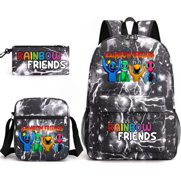 Rainbow Friends -piirretty lasten koulukassit kolmessa osassa (lounaskassi, kotelo, reppu) Salaman muotoinen musta CDQ