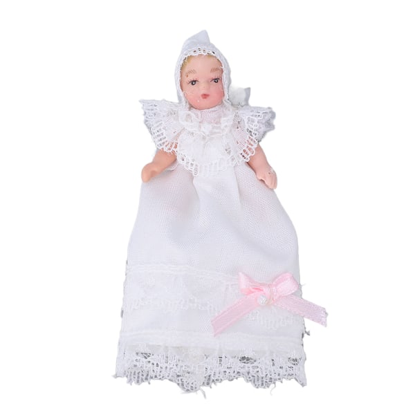 Mini keramisk babydukke 1/12 bevægelig bøjelig miniature babydukkemodel med kjole til dukkehustilbehør