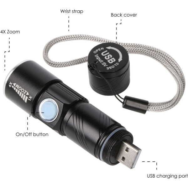 Ultra-stærk USB-opladelig LED-lommelygte med strålefokus og zoom