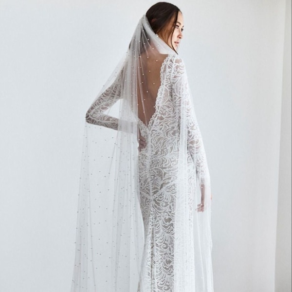 Pärlbrudslöja med kam bröllopslöja elfenben ivory 100CM