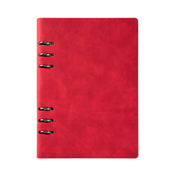 Käytännöllinen 6 rengaskansion suunnittelumuistikirja A5 uudelleentäytettävä irtolehtinen pyöreä rengaslehtiö, jossa 100 arkkia vuorattua paperia, punainen