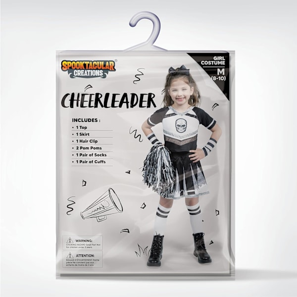 Cheerleader-kostyme for jenter, skummel cheerleader-kostyme, skummelt zombie-kostyme for Halloween-maskerader Black and white Small (5-7 yrs)