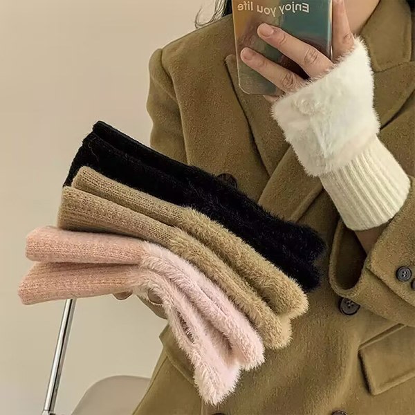 Imitert Mink Plysj Fingerløse Hansker Dame Myk Varm Fluffy H Rosa