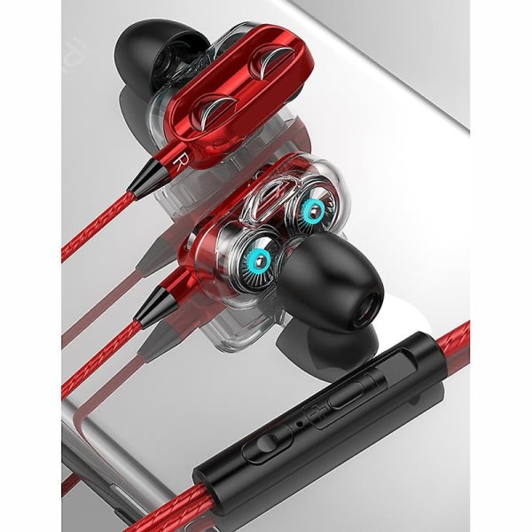 Bærbare kablede hodetelefoner med mikrofon - In-ear stereo sportshodetelefoner for løping og gåturer - Rød A4 Dual Horn Red A4 Dual Horn