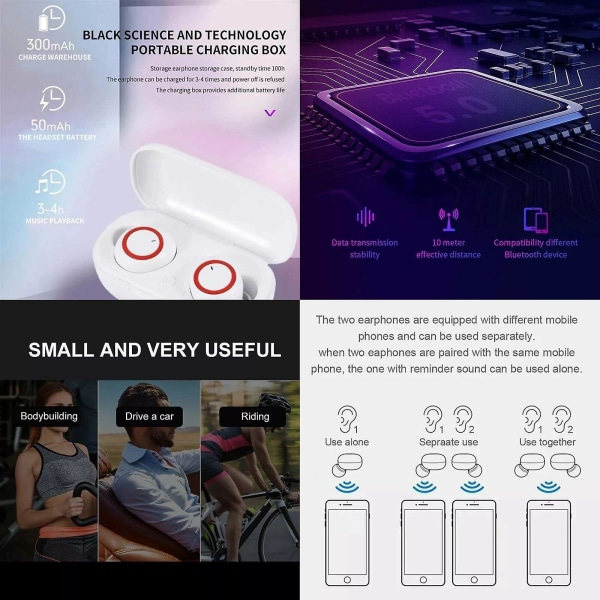 Bluetooth-hodetelefoner for iPhone Android trådløse hodetelefoner Vanntett Hvit Rød White Red