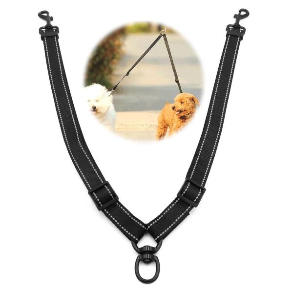 Dobbelt justerbart hundekobbel for to hunder, sklisikkert grep hundekobbeldeler forlengbart hundekobbel for 2 hunder, som ikke floker seg sammen