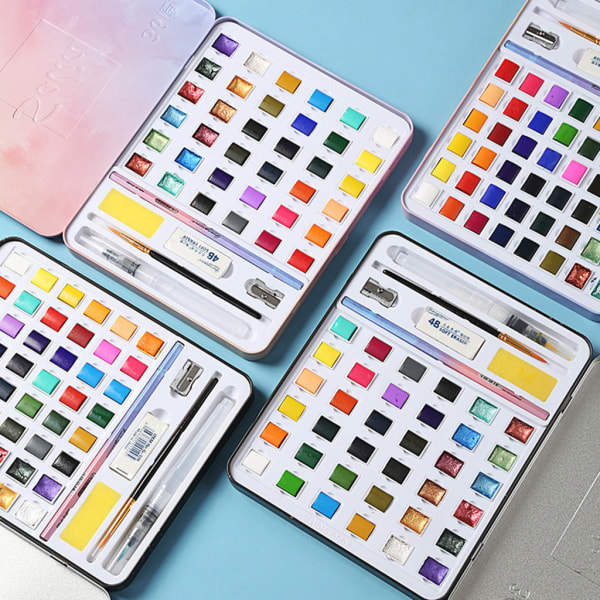 36/48 farver fast vandfarve maling sæt kunst pigment maleri tegning pensel sæt null - Farveboks 48 farver