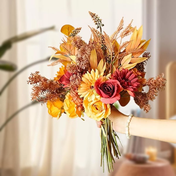 17.32 tum Konstgjorda Höstblommor, Silkeshöstblombukett med Orange Rosor