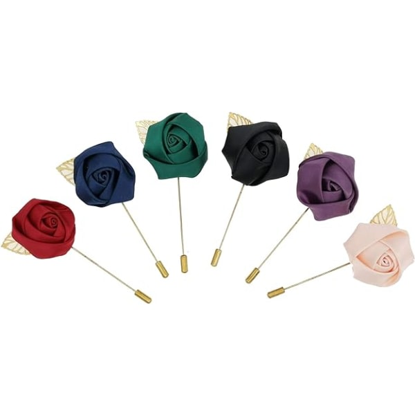 Manschettknappar för män, 6-pack långa broschnålar Satin Flower Boutonniere Handgjord Mini Rose Lapel Pin med bladguld för män Kostym Bröllop Brudgum 6 färger