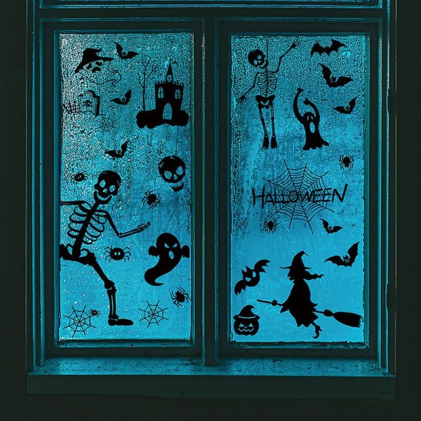 Halloween-aiheinen seinätarra, jossa on luuranko, hämähäkki ja noita