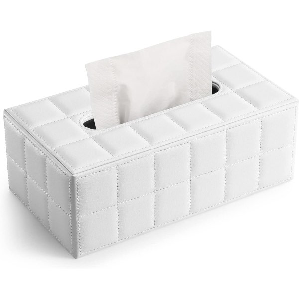 Rektangulär vävnadslåda i läder Vävnadshållare för hem, kontor, bildekoration (vit)