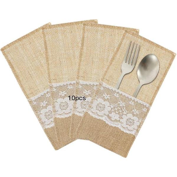 10 stk Burlap Bestikkpose Jute Blonder Bestikkposer Jute Blonder Bestikk
