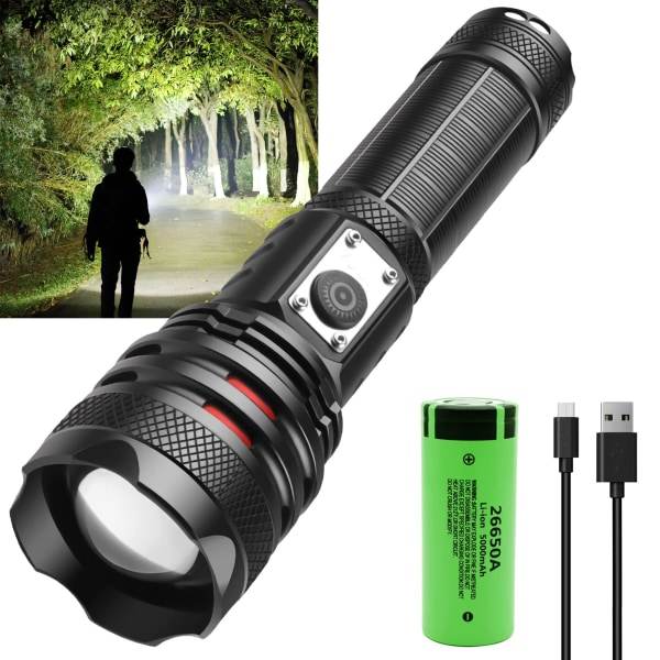 Taktinen LED-taskulamppu, 20 000 lumenia P70 tehokas, USB-ladattava, 26650-akku, sopii ulkoiluun, leirintään ja metsästykseen