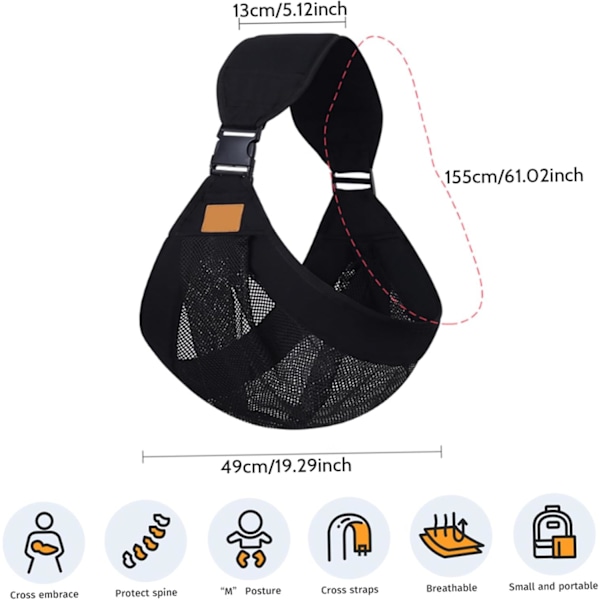 Adjustable Baby Sling Carrier, 44 kg Max, Black, with Hip Seat