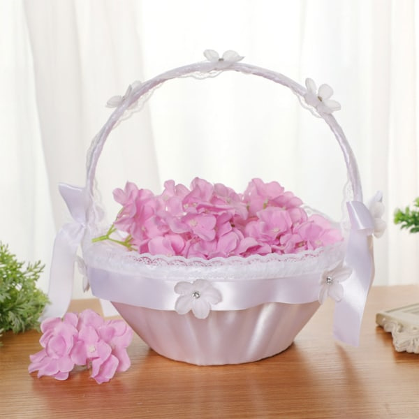 Blomsterpikekurv til bryllup 10,2\" B x 8,7\" H Liten hvit satengomslag med blonderhåndtak Kunstige blomsterdekorasjon