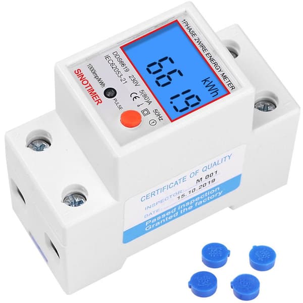 Enfas elmätare, MID-certifierad, 45A max modulär, enkel tariff, LCD-display, DEBUNS