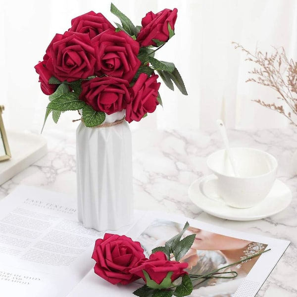 Kunstige blomster 25 stk falske roser med stilke og 2 blade til bryllupsbuketter til gør-det-selv festdekoration rose rød rose Red