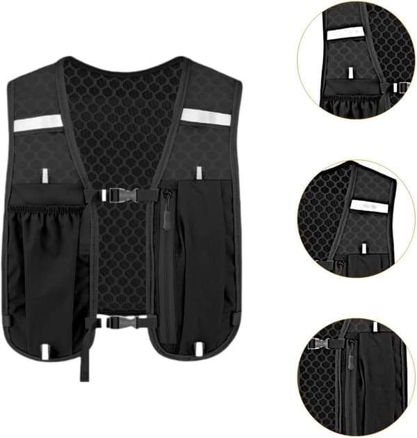 Løbehydreringsvest, polyester med 7 lommer og reflekterende striber til mænd og kvinder, trailløb, 33B x 40H cm, sort