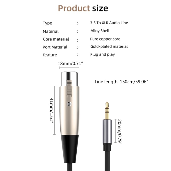 3,5 mm til XLR-kabel 5FT, kabel 3,5 mm hann til XLR-hunn mikrofonkabel, XLR til 3,5 mm kabel for mikrofonhøyttalere